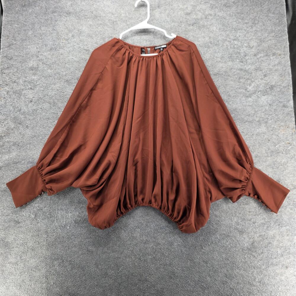 Fashion Nova Blouse Tunic Womens M Brown Round Neck Dolman Sleeve Pleated Tie